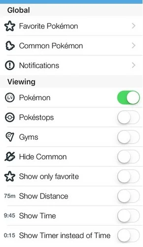 reglages go radar pokemon-infoidevice
