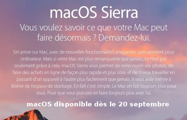 Système d'exploitation macOS Sierra disponible dès le 20 septembre 2016