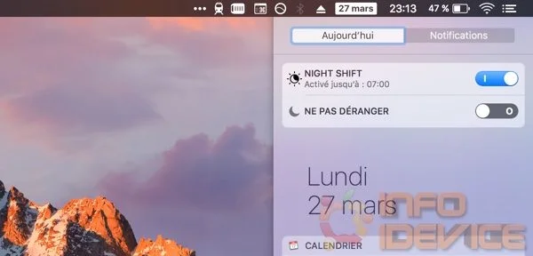 mode night shift centre de notifications macos infoidevice