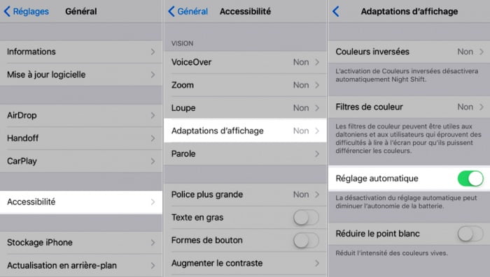 desactiver reglage automatique luminosite ios 11