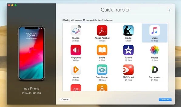 fonction quick transfer imazing ios 12