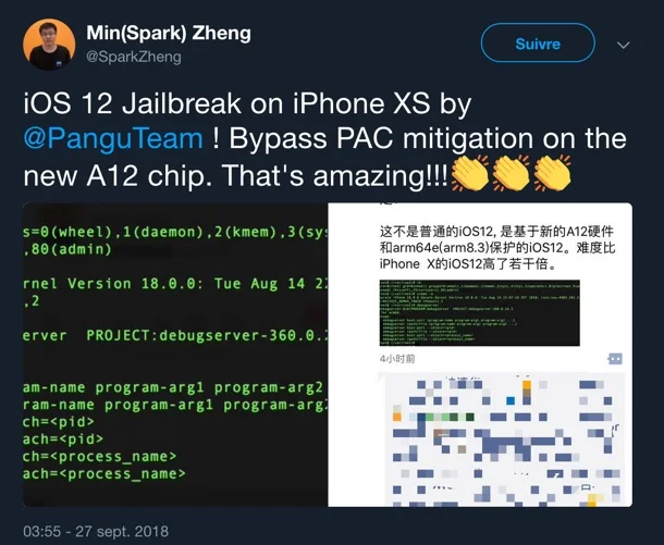 jailbreak ios 12 iphone xs par la team pangu
