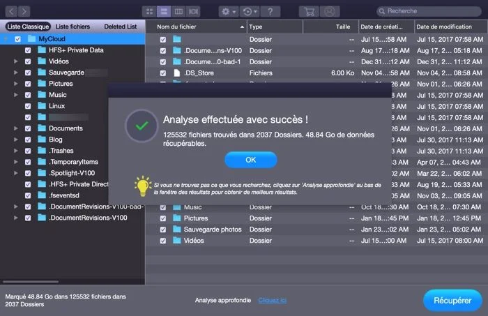 resultat analyse disque avec stellar data recovery professional mac