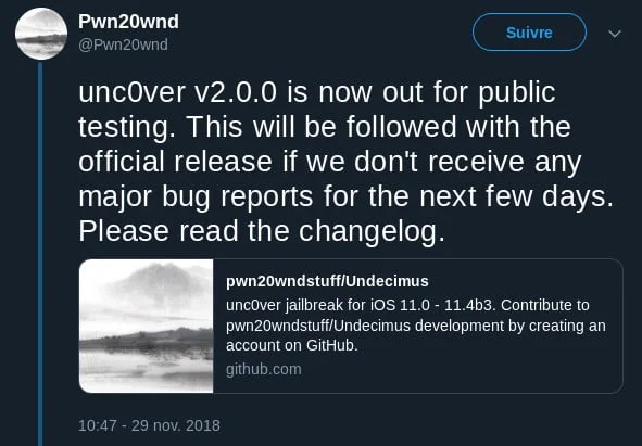 twitter pwn20wnd jailbeak unc0ver v2