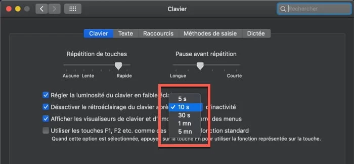 parametre desactivation retro eclairage clavier mac