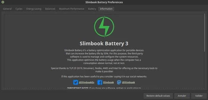 menu optimiseur de batterie sur linux