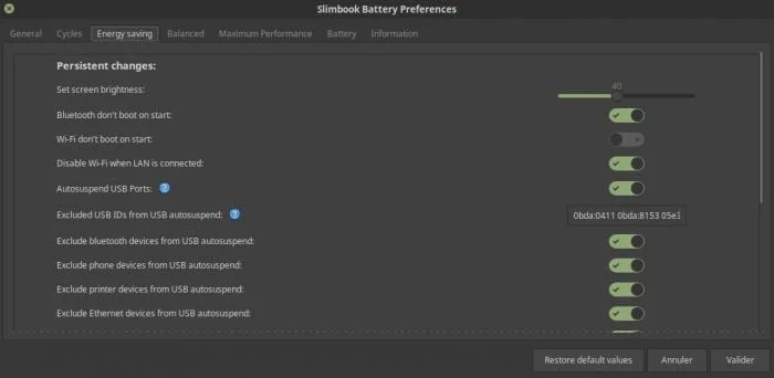 menu peferences optimiseur de batterie slimbook battery linux
