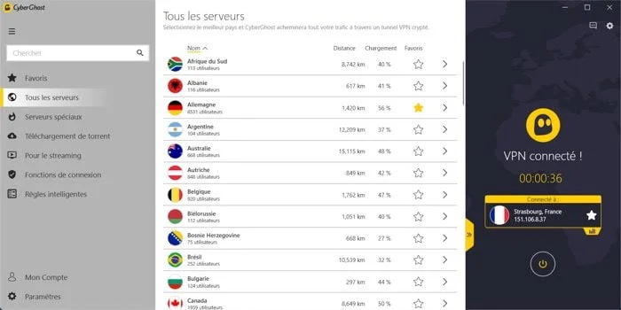 Tous les serveurs VPN disponibles avec CyberGhost