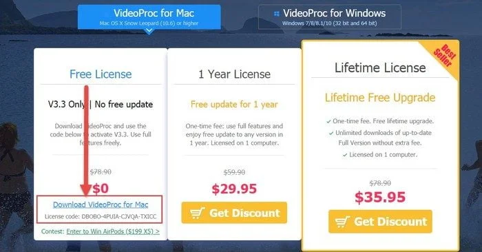 licence gratuite videoproc