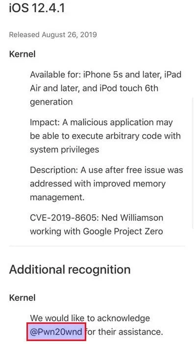 apple credite @pwn20wnd faille jailbreak ios 12.4.1