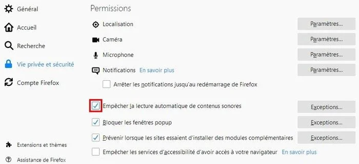 bloquer la lecture automatique des videos et du son
