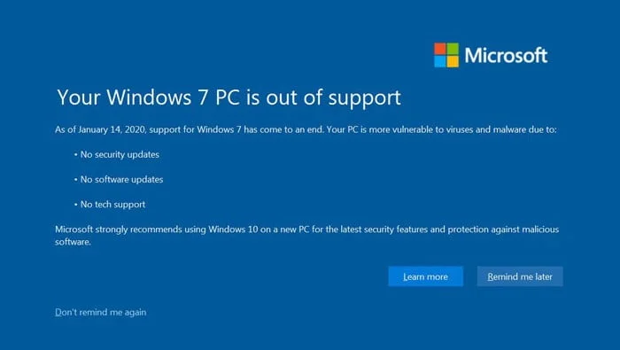 Fin Du Support De Microsoft Pour Windows 7