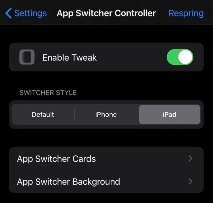 Reglages Tweak App Switcher Controller