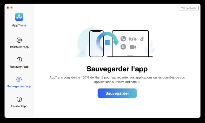 apptrans sauvegarder application