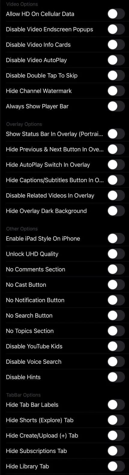 options tweak youtube premium plus