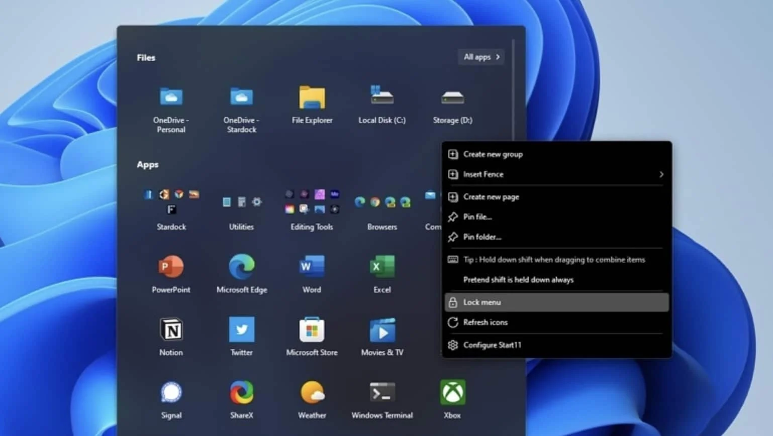 start11 creer dossier menu demarrer windows 11