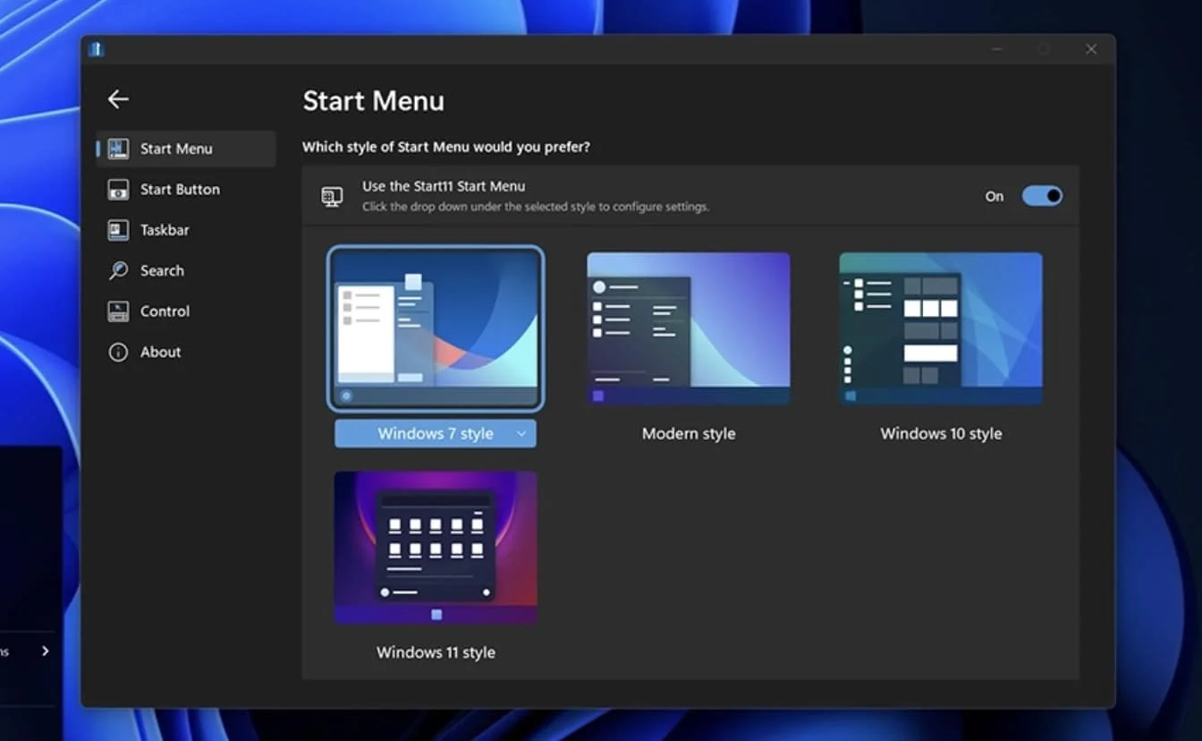 start11 personnaliser menu demarrer windows 11