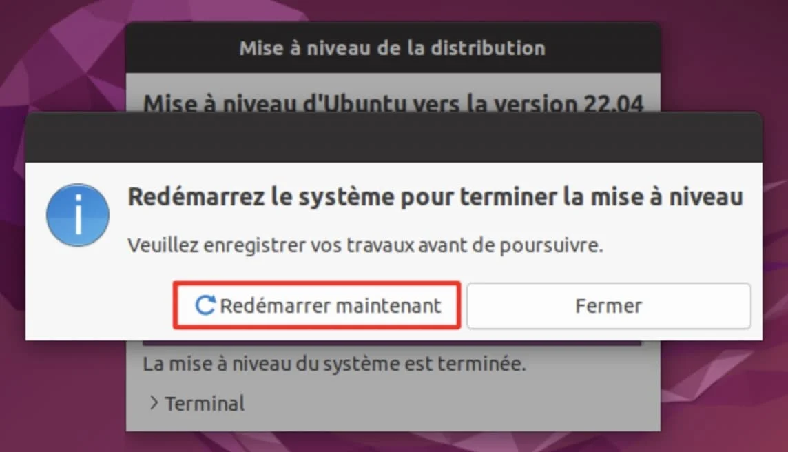 redemarrez systeme mise a niveau ubuntu 22.04