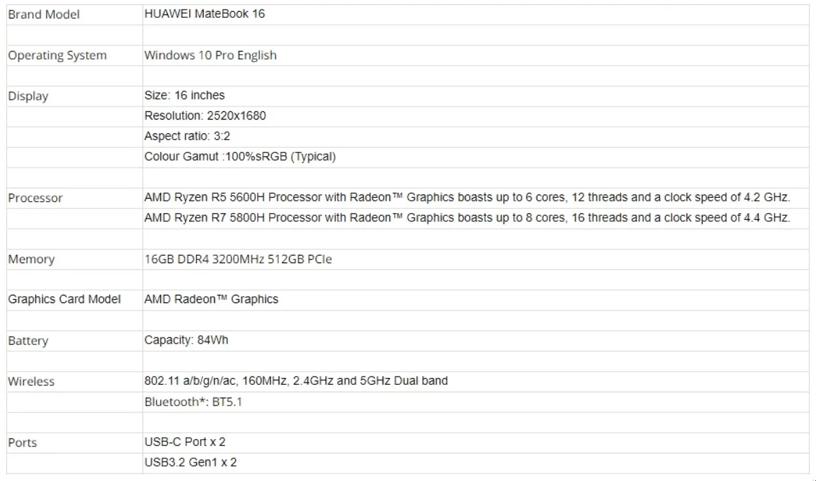 caracteristiques huawei matebook 16
