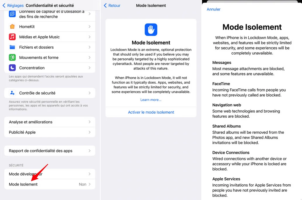 mode lockdown isolement iphone ios 16