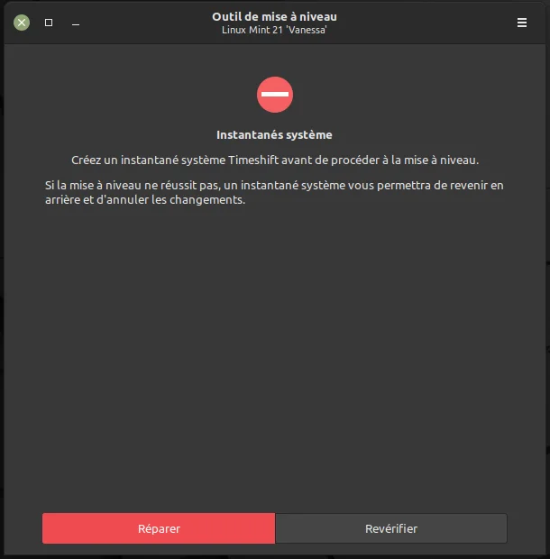 crer un instantanne sauvegarde linux mint 21