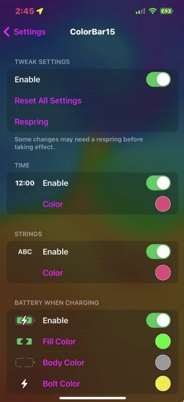 reglages tweak jailbreak iphone colortbar15