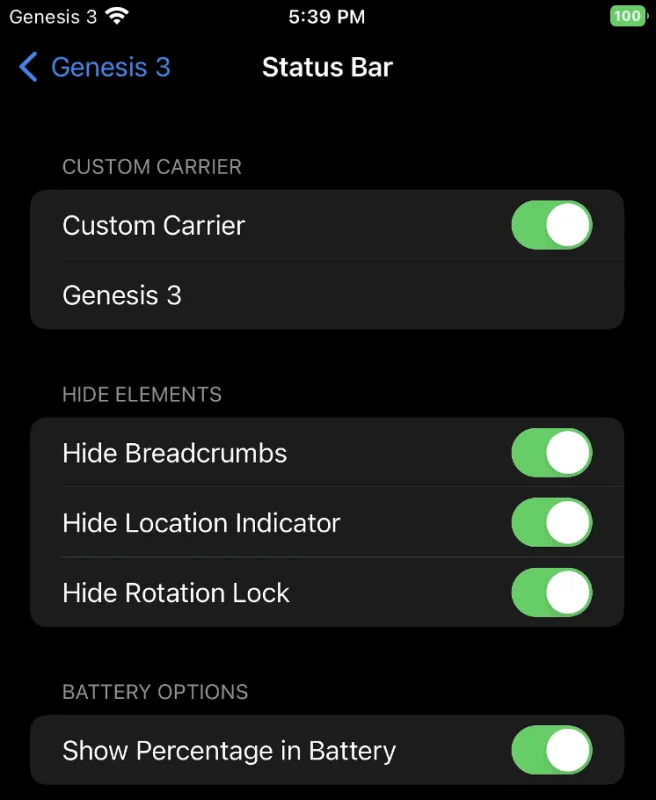 reglages genesis 3 barre etat iphone